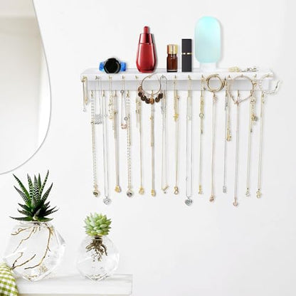 YYILIS Necklace Holder, Upgraded Extra Large Wall Necklace Organizer | 30 Hooks Wall Mounted Necklace Hanger with Jewelry Tray / Cosmetics Shelf Rustic Pine Wood Holder (White) - color: White