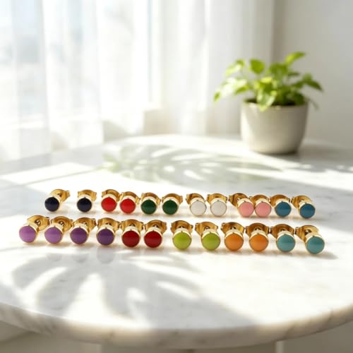 12 Pairs 18K Gold Plated Surgical Stainless Steel Stud Earring Cubic Zirconia CZ Multicolor Birthstone Stud Earrings Set - style: gold enamel 5mm