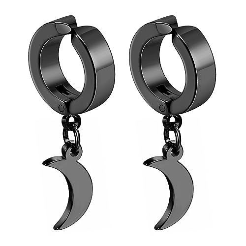 Black Hinged Earrings Hoop-Clip On Moon Dangle Hoops-Stainless Steel Punk Earrings Jewelry for Women Men - color: Black