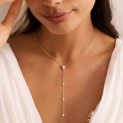 Long Necklaces for Women, Cute 14K Gold Plated CZ Drop Necklace | Dainty Gold Necklace, Simple CZ Teardrop Clover Y Shaped Lariat Necklace,Statement Non Tarnish Necklace, Trendy Gold Jewelry - color: Gold-Drop 1