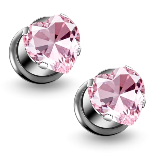 Astm F136 Titanium Heart CZ Ear Gauges Screw Fit Flesh Tunnels Plugs Gauges Earring Expander Stretcher Ear Tunnels For Ears 10G 8G 6G 4G 2G 0G 00G Plug Earrings Piercing Jewelry For Women Men - color: 00G Gauges,Pink CZ