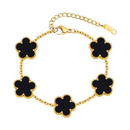 Women Gold Bracelets Jewelry Set - 3Pcs 18K Gold Plated Floral Bracelet,Stainless Steel Charm Bracelet Non-Tarnish,Adjustable Lucky Chain Trendy Gift,Christmas Valentines Birthday Gifts for Girlfriend - style: Black