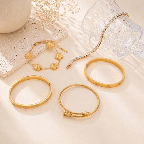 18K Gold Plated Love Bangle Bracelet Stack for Women, Adjustable Clover Bracelet & CZ Tennis Chain Set, Stackable Layered Jewelry, Fade Resistant, Long-Lasting Luster for Daily Wear & Gift - color: 5Pcs Gold