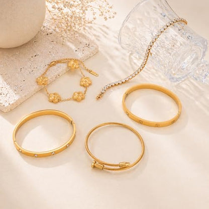 18K Gold Plated Love Bangle Bracelet Stack for Women, Adjustable Clover Bracelet & CZ Tennis Chain Set, Stackable Layered Jewelry, Fade Resistant, Long-Lasting Luster for Daily Wear & Gift - color: 5Pcs Gold