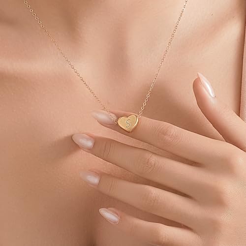 18k Gold Plated Heart Pendant Letter Necklaces for Girls Stainless Steel Initial Necklace for Women Birthday Gifts for Girls Women - color: Brushed Gold, style: Letter S