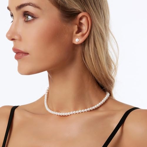 HERIER Gold Jewelry Set for Women - Dainty 14K Gold/Silver Plated Pearl Choker Necklace, Drop Earrings & Bracelets - Wedding Trendy Pearl Jewelry Gift - color: Pearl Necklace+Earrings-Silver
