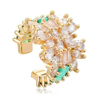 Gold Ear Cuff Earring for Women 14K Gold Plated Cubic Zirconia Non-Pierced Clip on Cartilage Chunky Ear Cuffs Hypoallergenic Jewelry - style: flower