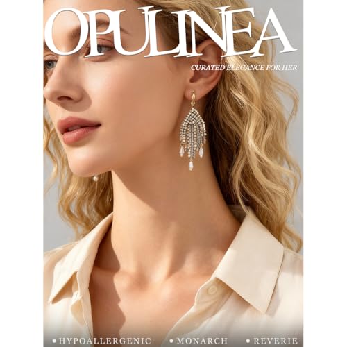 Fringe Dangling Tassel Earrings for Women, Handcrafted Chandelier Long Bohemian Beaded Cubic Zirconia Crystal Imitation Pearls Inlay Statement Boho Chain Hook Earrings for Wedding Party - color: White Gold Hook