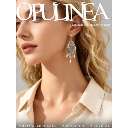 Fringe Dangling Tassel Earrings for Women, Handcrafted Chandelier Long Bohemian Beaded Cubic Zirconia Crystal Imitation Pearls Inlay Statement Boho Chain Hook Earrings for Wedding Party - color: White Gold Hook