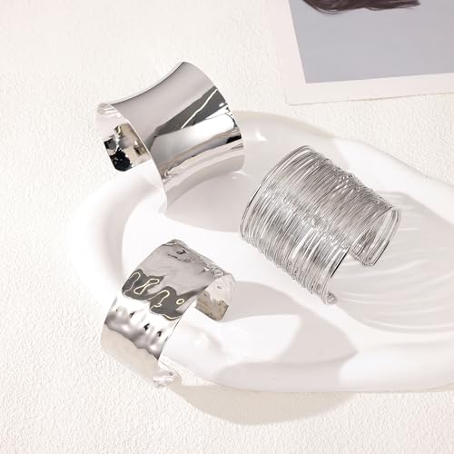 3PCS Chunky Cuff Bracelets for Women Irregular Minimalist Statement Bangle Bracelets Set Open Wide Wire Grooved Hammered Bangle Bracelet Gold Sliver Wrist Cuff Wrap Bracelet Adjustable - color: Silver Cuff Bracelets A
