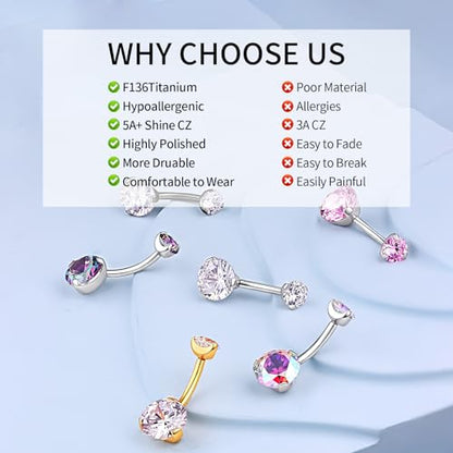 Solid Titanium Belly Button Ring,14G Hypoallergenic Silver Belly Rings,Internally Threaded 10mm Belly Piercing Jewelry,Round CZ Navel Rings,14G Belly Button Rings for Women Men - color: B-wt
