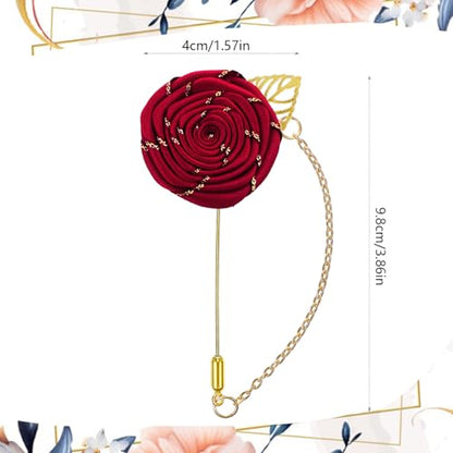 Gold Lapel Pin for Men, Gold Foil Brooch Men's White Flower Satin Lapel Pin with Metal Chain for Suits Professional Tuxedo Groom Wedding Brooch - color: Wine Red