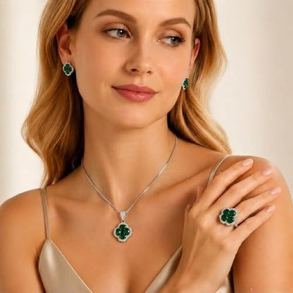 Green/Blue Zircon 4-Leaf Clover Jewelry Set – Necklace, Ring, Earrings – Women's Wedding & Evening Gift for Wife, Girlfriend, Mother – Comes with Gift Box - color: Green 3-Piece Set