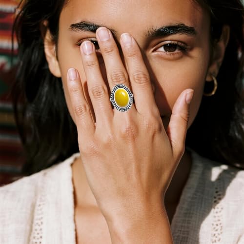 Retro Sterling Silver Stone Ring,Antique Natural Real Oval Crystal Quartz Gemstone Boho Bohemian Ring Jewelry for Women - color: A10_Yellow Citrine Quartz