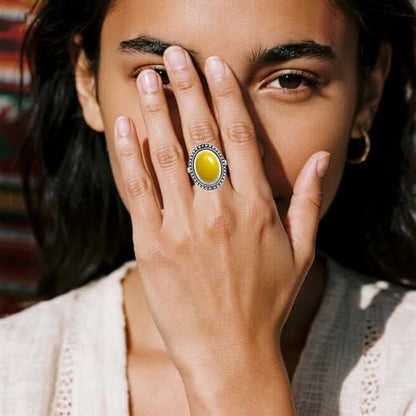 Retro Sterling Silver Stone Ring,Antique Natural Real Oval Crystal Quartz Gemstone Boho Bohemian Ring Jewelry for Women - color: A10_Yellow Citrine Quartz