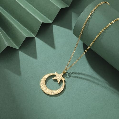 VASSAGO Islamic Ayatul Kursi Necklace Crescent Moon and Star Pendant Arabic Muslim Quran Calligraphy Allah Jewelry Stainless Steel Islam Eid Ramadan Gift for Women Men - color: Gold