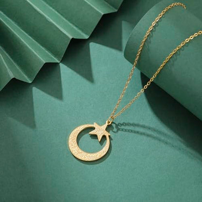 VASSAGO Islamic Ayatul Kursi Necklace Crescent Moon and Star Pendant Arabic Muslim Quran Calligraphy Allah Jewelry Stainless Steel Islam Eid Ramadan Gift for Women Men - color: Gold