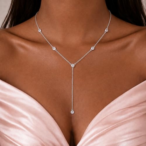 Lariat Gold Necklace for Women, Dainty Long Necklaces 14k Gold Plated Y-Shaped Layered Drop Necklaces for Women Trendy Simple Gold Jewelry for Prom Vacation Gifts - color: Station Y Necklace-Silver