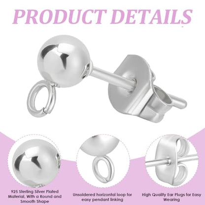 Beebeecraft 1 Box 100Pcs Ball Studs for Jewelry Making 925 Sterling Silver Plated 304 Stainless Steel Post with Loop Dangle Earring Findings Ear Backs DIY Supplies - color: Silver, size: 5mm Ball