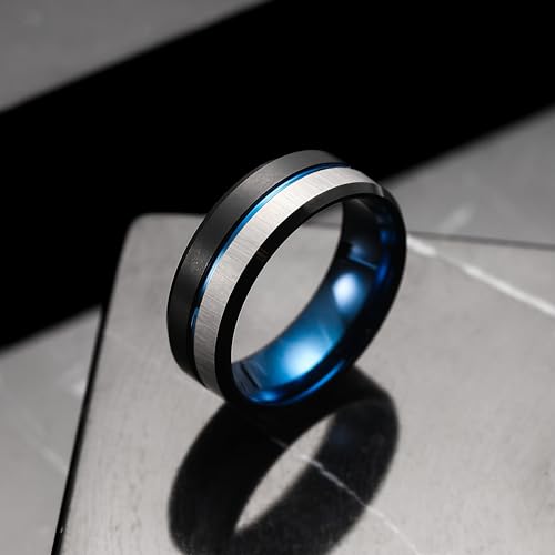 King Will Mens Tungsten Carbide Wedding Band with Groove Design | 6/7/8mm Width, Grooved, Comfort Fit, Everyday Wear - color: Silve&Black&Blue-8mm