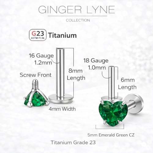 Titanium Heart CZ Labret Stud Earrings for Piercings by Ginger Lyne 6Pc Set G23 Screw Front Flat Back Body Jewelry 2 pair post 6mm, 8mm Cartilage, Helix, Tragus, Lip, Conch, Lobe - color: 5mm-DkGreen