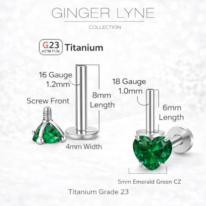Titanium Heart CZ Labret Stud Earrings for Piercings by Ginger Lyne 6Pc Set G23 Screw Front Flat Back Body Jewelry 2 pair post 6mm, 8mm Cartilage, Helix, Tragus, Lip, Conch, Lobe - color: 5mm-DkGreen