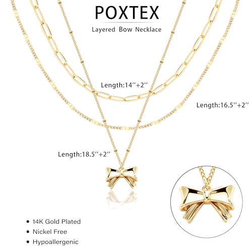 Poxtex Layered Gold Necklaces for Women, Stackable Dainty 14K Gold Silver Plated Trendy Simple Heart Diamond Cross Bow Circle Pendant Paperclip Choker Dot Chain Necklace,Jewelry Set Gifts for Women - color: Gold, style: Bow1