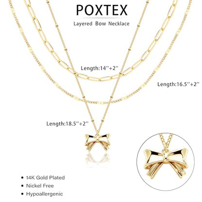 Poxtex Layered Gold Necklaces for Women, Stackable Dainty 14K Gold Silver Plated Trendy Simple Heart Diamond Cross Bow Circle Pendant Paperclip Choker Dot Chain Necklace,Jewelry Set Gifts for Women - color: Gold, style: Bow1