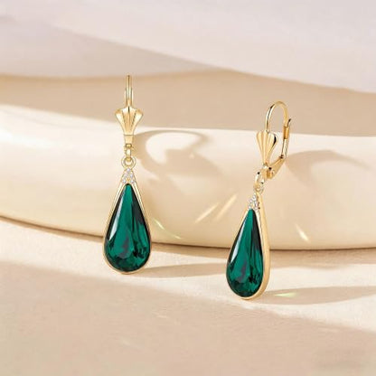 Teardrop Austrian Crystal Leverback Dangle Drop Earrings for Women | 14K Gold Plated,Classic Teardrop Elegance,Leverback for Easy Secure Wear,Gift Box Included, Brighten Up Daily and Party Looks - color: Emerald Green