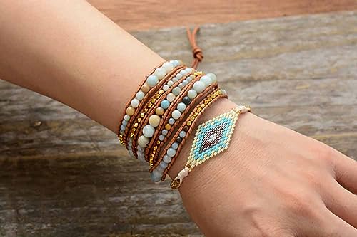 Boho Wrap Bead Bracelet for Women - Handmade Adjustable Natural Stone Beaded Bracelets Yoga Healing Bracelet Bangle Hippie Jewelry - color: Amazonite #2