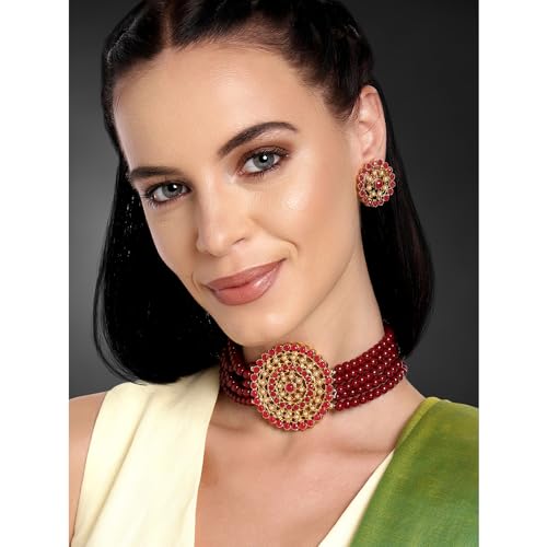 Aheli Pearl Diamond Choker Necklace & Round Earrings Gift for Women Indian Traditional Bollywood Fashion Bharatanatyam jewellery set - color: Maroon 1