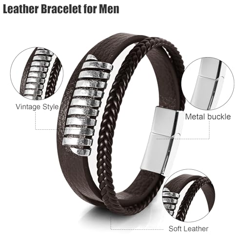 Leather Bracelet for Men Braided Stainless Steel Mens Bracelets - color: Brown 5
