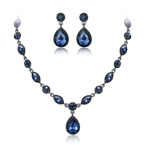 EleQueen Women's Teardrop Necklace Earrings Jewellery Set for Party Prom | Wedding Bridal Costume Jewelry Set for Brides Bridesmaids, Crystal Teardrop Necklace Dangle Earrings - color: Sapphire Color Black-Tone