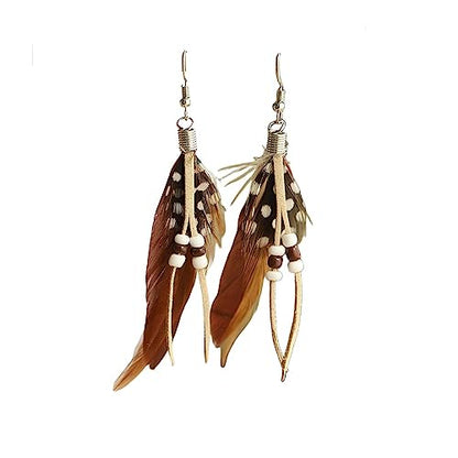 Boho Colorful Feather Dangle Earrings Handmade Beads Taseel Fashion Earrings for Women - color: Brown