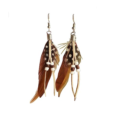 Boho Colorful Feather Dangle Earrings Handmade Beads Taseel Fashion Earrings for Women - color: Brown
