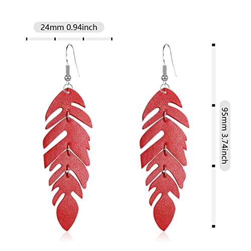 Handmade Unique Lightweight Bohemian Genuine Leather Leaf Dangle Drop Earrings Dainty Sparkly Chain Feather Hook Earring for Women Statement - color: Red