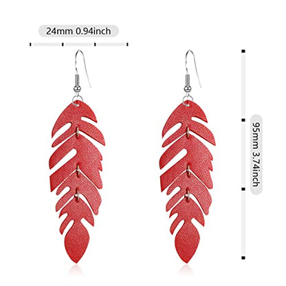 Handmade Unique Lightweight Bohemian Genuine Leather Leaf Dangle Drop Earrings Dainty Sparkly Chain Feather Hook Earring for Women Statement - color: Red
