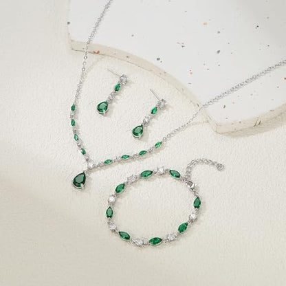 Teardrop Marquise Cubic Zirconia Wedding Prom Jewelry Set for Women Bridal | Silver/Gold/Rose Gold Plated, Pear Cut Pendant Necklace Drop Earrings Link Bracelet, for Bride Bridesmaid, for Banquet Party - style: B_Three Set, Green Silver-Tone (Teardrop)