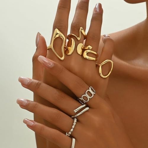 FUTIMELY 9Pcs Chunky Knuckle Ring Set,Vintage Two Tone Dainty Geometric Stackable Midi Rings Set,Charming Hollow Personalized Open Joint Rings for Women