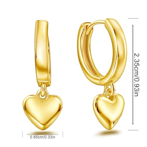 Heart Earrings for Women Girls-Sterling Silver Heart Dangle Hoop Earrings with Charm Love Huggie Hoop Earrings Hypoallergenic Delicate Jewelry Gifts for Women Girls Birthday - color: gold