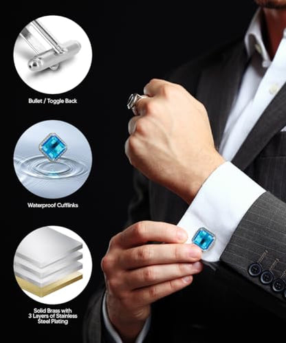 Large Big Square Crystal Color Stone Cuff Links for Men – Tuxedo Suit Accessories, Cufflinks for Men - style: Turquoise/Silver