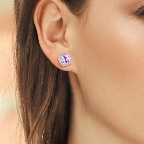 Dainty Birthstone Earrings for Women Sterling Silver Small Stud Earrings with Halo Cushion/Round Created Gemstone Earrings Birthstone Jewelry - style: A 10. Oct./created pink sapphire-cushion cut