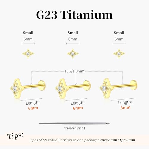 Flat Back Stud Cartilage Earrings Tragus Helix Piercing Jewelry Titanium | Conch Nose Piercing,Small Tiny Studs for Women,Threadless/Internally Threaded,Surgical Steel,Hypoallergenic,16G/18G/20G - color: Gold01-Star (6mm*2+8mm*1), size: Internally Threade