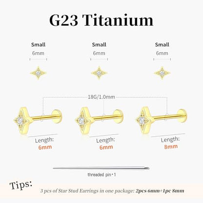 Flat Back Stud Cartilage Earrings Tragus Helix Piercing Jewelry Titanium | Conch Nose Piercing,Small Tiny Studs for Women,Threadless/Internally Threaded,Surgical Steel,Hypoallergenic,16G/18G/20G - color: Gold01-Star (6mm*2+8mm*1), size: Internally Threade