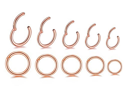 HQLA 16G Surgical Steel Hinged Clicker Segment Nose Rings Hoop Helix Cartilage Daith Tragus Sleeper Earrings Body Piercing for women 6mm 8mm 10mm 12mm 14mm - style: 16G - Rose Gold - (6mm-14mm) - 10Pcs