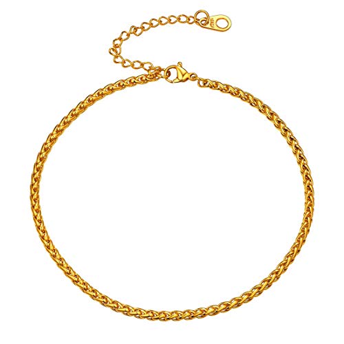 U7 Ankle Bracelets for Women Stainless Steel Waterproof Tarnish Resistant | 18K Gold Plated/Silver/Rose Gold Anklets, Cuban Chain Anklet Bracelets, Perfect for Summer Beach and Vacation Outfits - color: Gold Plated-3mm-Wheat Chain