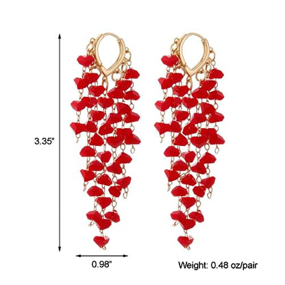 Fringe Hoop Dangle Earrings, Long Beads Tassel Chain Earrings for Women Sparkly Chandelier Earrings - color: Red