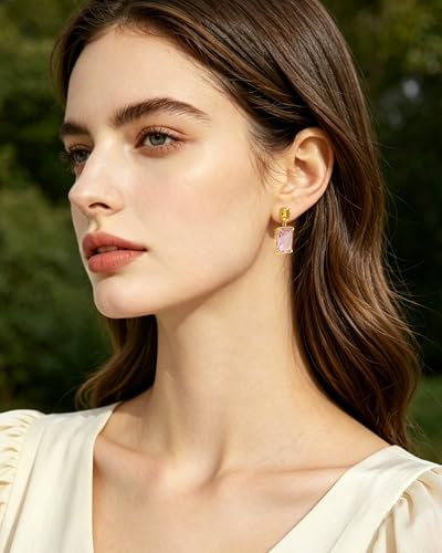 14K Gold Plated Pink Crystal Stud Square Stone Drop Dangle Geometric Earrings for Women Vacation Jewelry - color: Pink and Yellow