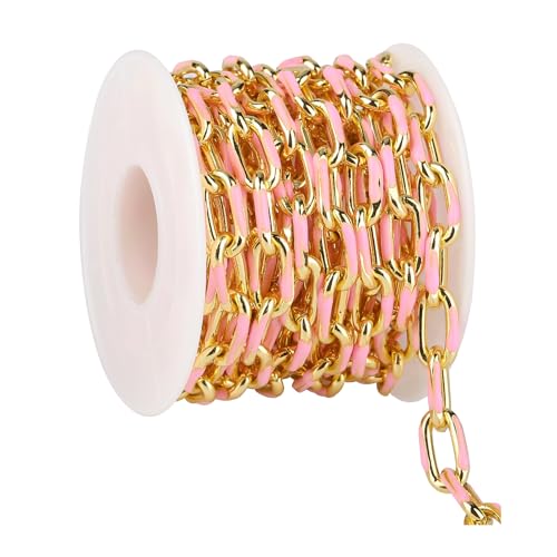 KYUNHOO 2M 18K Gold Plated Chain for Jewelry Making Pink Enamel Chain Spool | Unwelded Paperclip Chain Link Enamel Necklace Making Supplies Chunky Chains for Crafts DIY - color: Pink