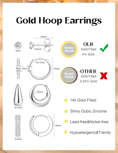 ORAZIO Small Gold Hoop Earrings for Women Hypoallergenic 14K Gold Plated Chunky Huggie Earring Sets for Multiple Piercing Dainty Earing Stacks Set Cute Silver Cartilage Jewelry Trendy Gifts - style: Silver Plated-Chunky Classic